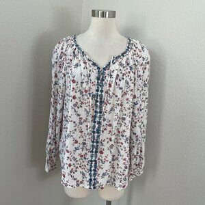 Chaps Womens Medium Floral Embroidered Long Sleeve Boho Blouse V Neck Gauzy Top